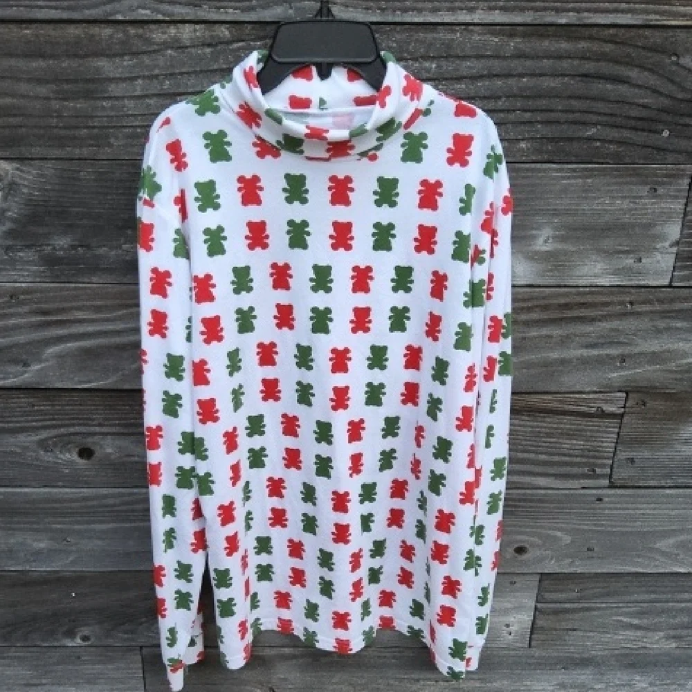 Dec. 25th Festive Red and Green Bear Print Turtleneck Size Large